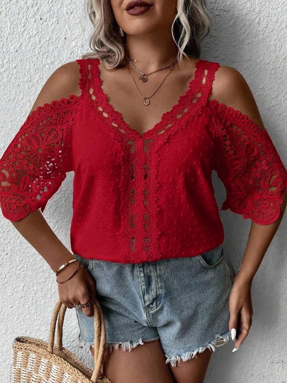 Red Lace Cold-Shoulder V-Neck Blouse
